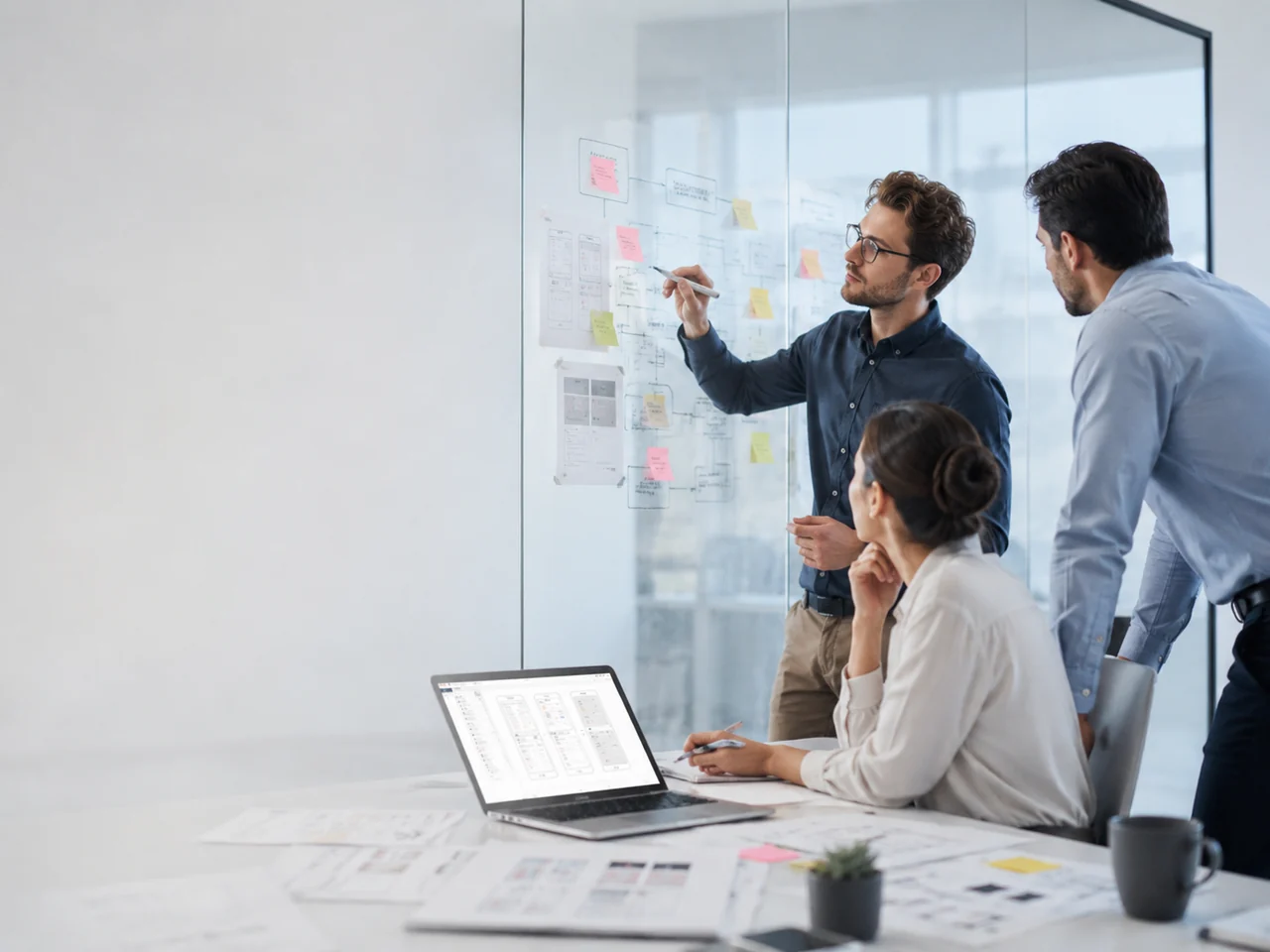 Equipo diseñando el flujo de trabajo con notas y wireframes en pizarra