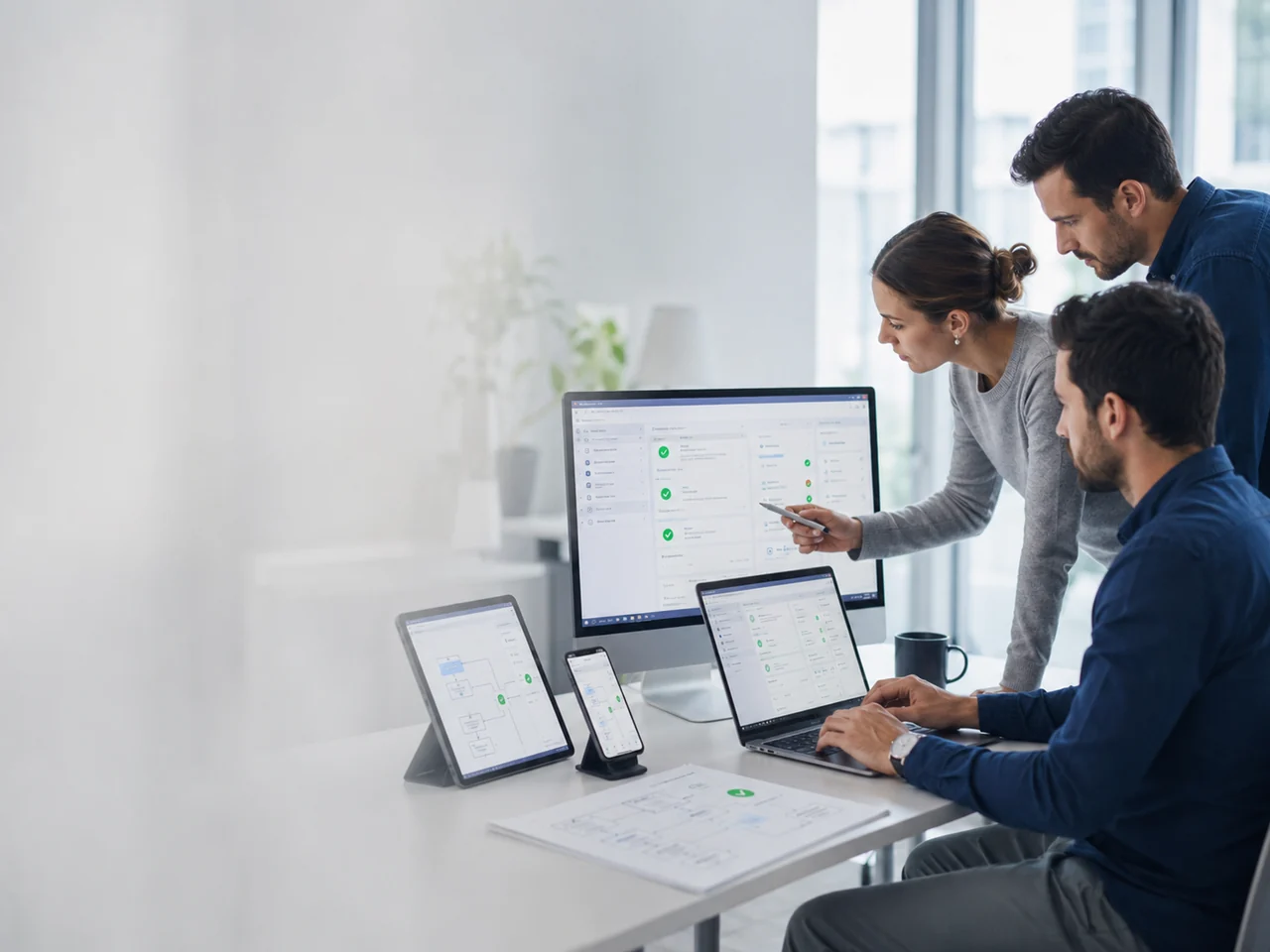 Equipo trabajando la implementación operativa en distintos dispositivos