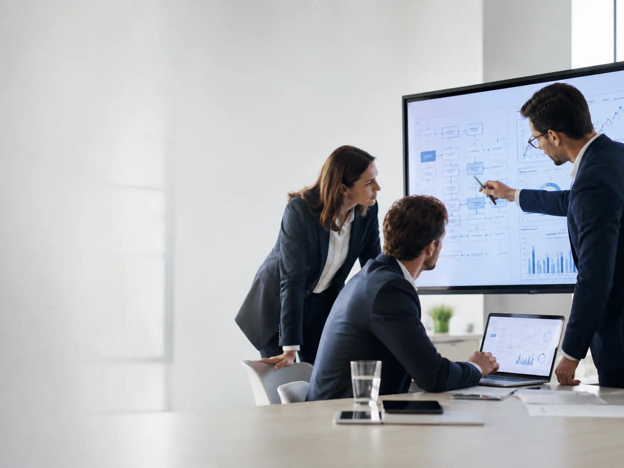 Equipo revisando resultados y pruebas sobre un panel de operación